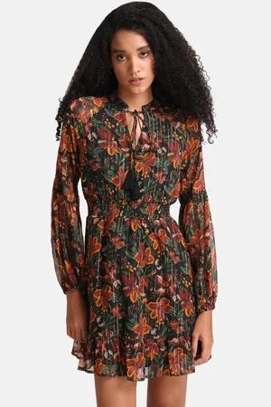 Kazo Green & Brown Floral Tie-Up Neck Dress