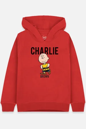 Kidsville Girls Red & Black Peanuts Printed Hooded Sweatshirt