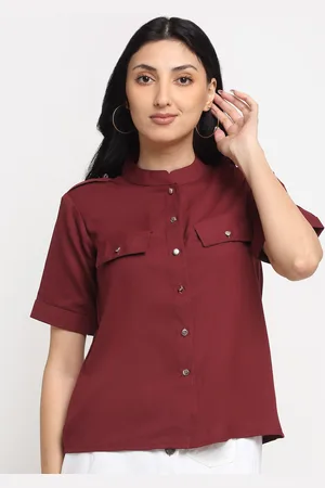 NEUDIS Women Maroon Mandarin Collar Crepe Top
