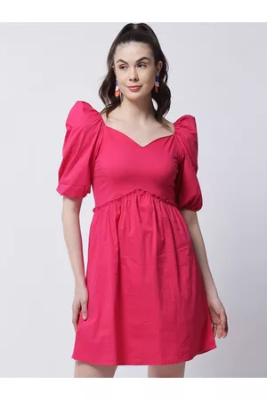 MARC LOUIS Women Pink Solid Sweetheart Neck Cotton Fit & Flare Dress