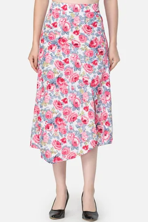 Cation Women Pink & Blue Floral Printed A-Line Skirt