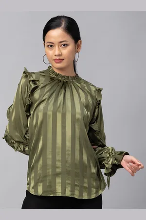 Globus Women Olive Green Striped Ruffles Top