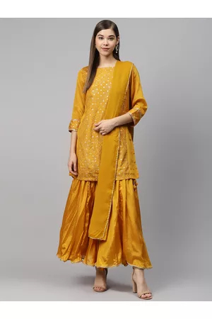 Biba Women Mustard Yellow Embroidered Kurta with Sharara & Dupatta