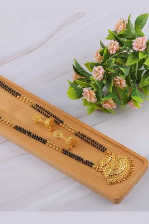 Brandsoon Gold-Plated Black Beaded Mangalsutra With Earrings
