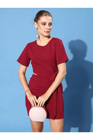 ATHENA Women Elegant Maroon Solid Cut Out Dress