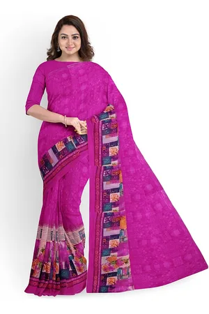 Florence Pink & Blue Floral Pure Georgette Fusion Dharmavaram Saree With Unstithed Blouse