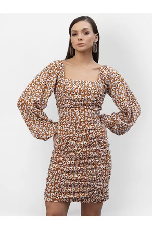 Aayu Women Brown & White Floral Georgette Smocked Sheath Dress