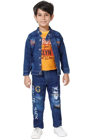 DKGF FASHION Boys Mustard Yellow & Blue Printed T-shirt with Jeans & Jacket