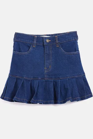 Sassafras Girls Navy Blue Solid Pure Cotton Pleated Mini Skirt