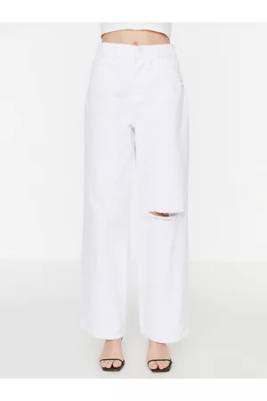 Trendyol Women White Solid Wide Leg Pure Cotton Slash Knee Jeans