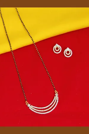 FEMMIBELLA Gold-Plated Black & White Stone Studded & Beaded Half Moon Mangalsutra