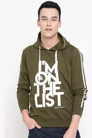 Duke Men Olive Green & White Printed Hooded Sweatshirt