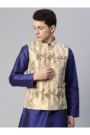 MANQ Men Woven Design Jaquard Silk Nehru Jacket