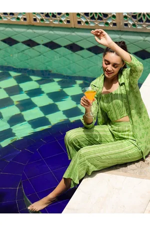JISORA Women Green Printed Pure Cotton 3-Piece Co-Ord Set