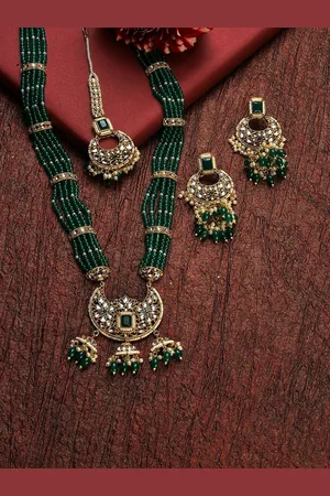 SOHI Gold-Plated Green Stone Studded Multistrand Jewellery Set