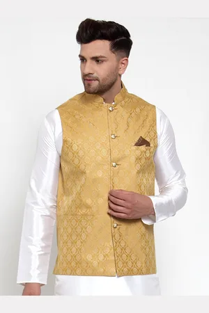 Jompers Men Gold & Beige Woven-Design Nehru Jacket