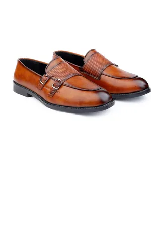 Kraasa Men Tan Brown Textured Formal Monk Shoes