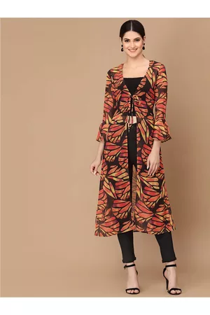 KASSUALLY Women Black & Red Printed Longline Shrug