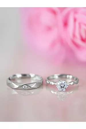 Zavya Set of 2 925 Sterling Silver Rhodium-Plated CZ-Studded Couple Rings