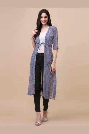 GUFRINA Women Grey & Orange Printed Longline Tie-Up Shrug