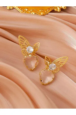 Yellow Chimes Women Gold Toned Butterfly shape Crystal and Pearl Heart Drop Earrings