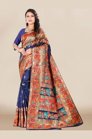 VAIRAGEE Navy Blue & Red Floral Zari Silk Blend Banarasi Saree