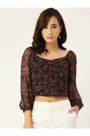 Antheaa Black & Brown Floral Printed Sweetheart Smocked Chiffon Regular Crop Top