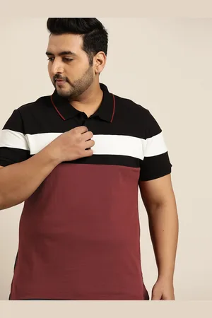 Sztori Men Plus Size Burgundy & Black Colourblocked Polo Collar Cotton T-shirt
