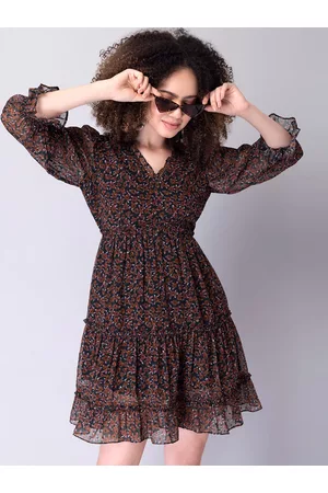 FabAlley Women Navy Blue & Brown Floral Georgette Dress