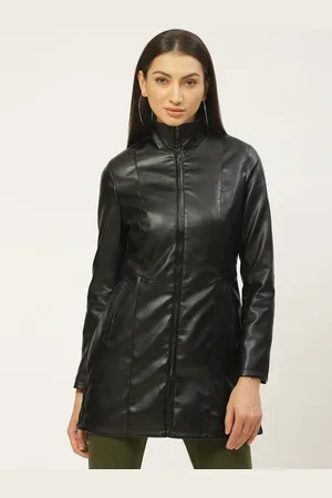 Leather Retail Women Solid Lightweight Longline Faux Leather Jacket