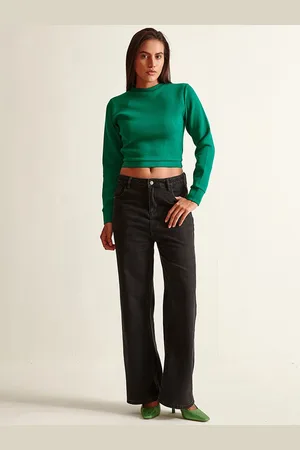 COVER STORY Women Green Solid Round Neck Crop Sweatshirt