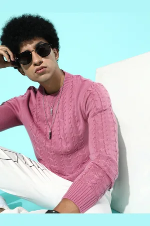Mast & Harbour Men Pink Cable Knit Pullover Sweaters