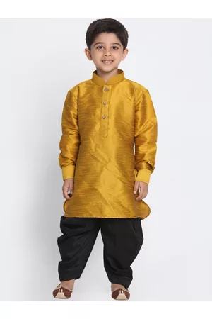 Vastramay Boys Mustard Yellow & Black Solid Cotton Silk Kurta with Dhoti Pants