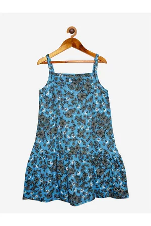 KiddoPanti Girls Blue Floral Drop-Waist Cotton Dress