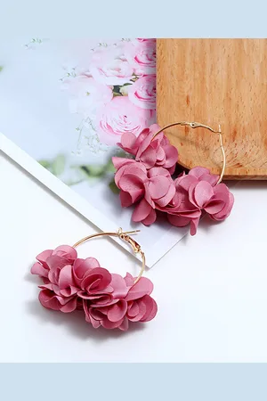 Yellow Chimes Women Pink Boho Handmade Flower Layered Petal Circel Hoop Earrings