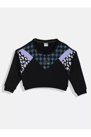 PUMA Girls Black Printed Classic 90 Crop Relaxed Fit Sweatshirt