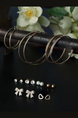 Priyaasi Set Of 9 Gold-Toned Circular Hoop Earrings