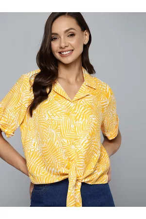 Mast & Harbour Women Mustard Yellow & White Printed Cuban Collar Casual Shirt