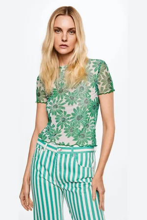 MANGO Women Green & Off White Floral Printed T-shirt