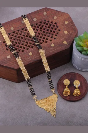 Brandsoon Women Gold-Plated & Black Beaded Traditional Mangalsutra With Earrings