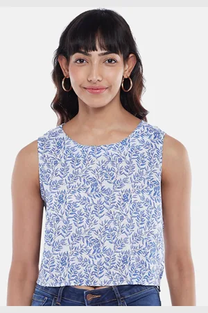 Pantaloons Blue & orchid tint Floral Print Linen Crop Top