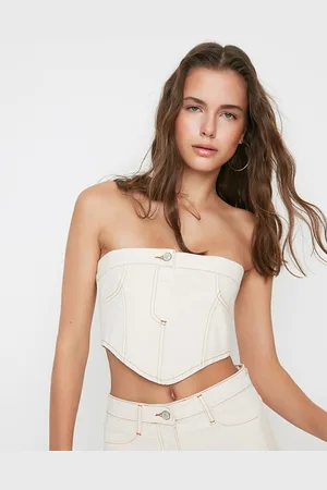 Trendyol Women Off White Tube Pure Cotton Crop Top