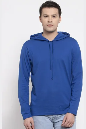 Friskers Men Blue Solid Cotton Long Sleeves Hooded T-shirt