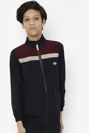Chimprala Boys Maroon Navy Blue Colourblocked Water Resistant Running Open Front Jacket