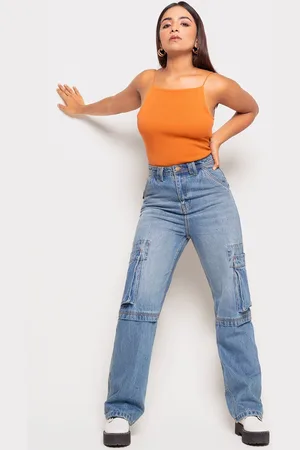 FREAKINS Women Blue Straight Fit High-Rise Light Fade Pure Cotton Cargo Jeans