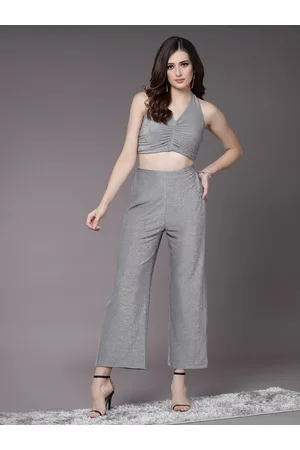 KASSUALLY Women Grey Top with Trouser Co-Ords Set