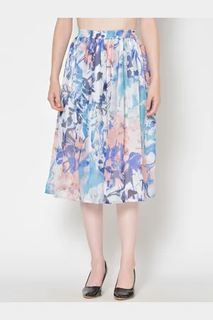 Cation Women White & Blue Printed Flared Midi Skirt