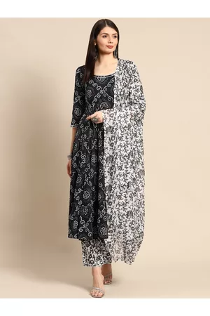 anayna Women Black Bandhani Printed Pure Cotton Kurta with Trousers & Dupatta