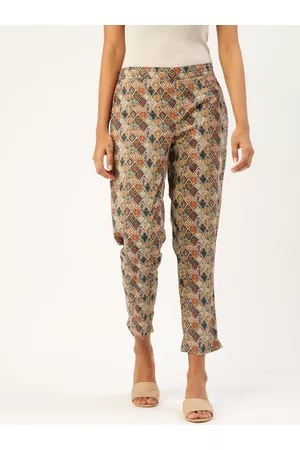 Sangria Women Beige & Navy Blue Regular Fit Printed Trousers