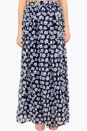 Cation Women Navy Blue & White Floral Print Flared Maxi Skirt